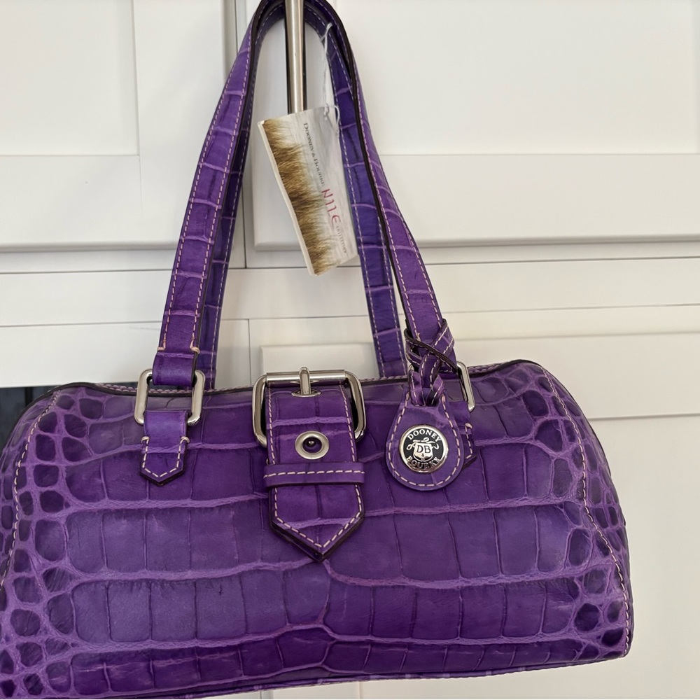 Purple Crocodile-Embossed Shoulder Bag with Gold Accents